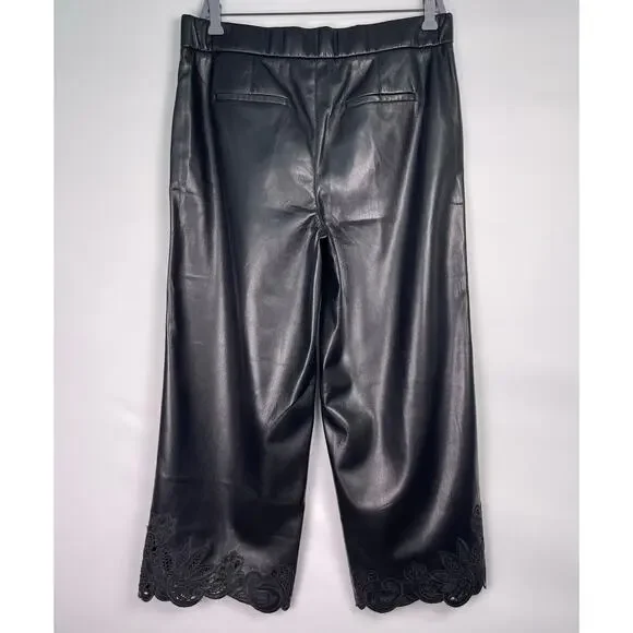 Chico’s Black Faux Leather Lace Hem Cropped Trousers Pants Size 10 Petite - Picture 6 of 13